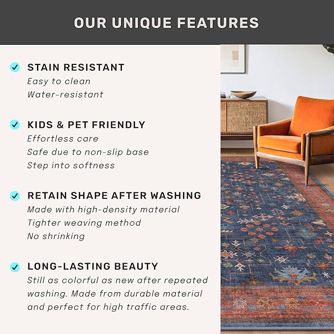 Navy Blue Runner Rug 2x7 for Kitchen, Hallway, Mudroom, Laundry Room, Bathroom, Washable Non Slip Non Skid Rubber Backing Low Pile Stain Resistance