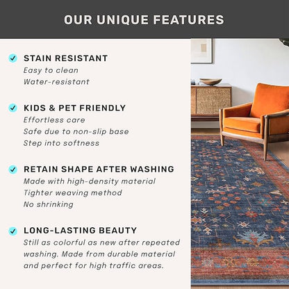 Navy Blue Runner Rug 2x7 for Kitchen, Hallway, Mudroom, Laundry Room, Bathroom, Washable Non Slip Non Skid Rubber Backing Low Pile Stain Resistance