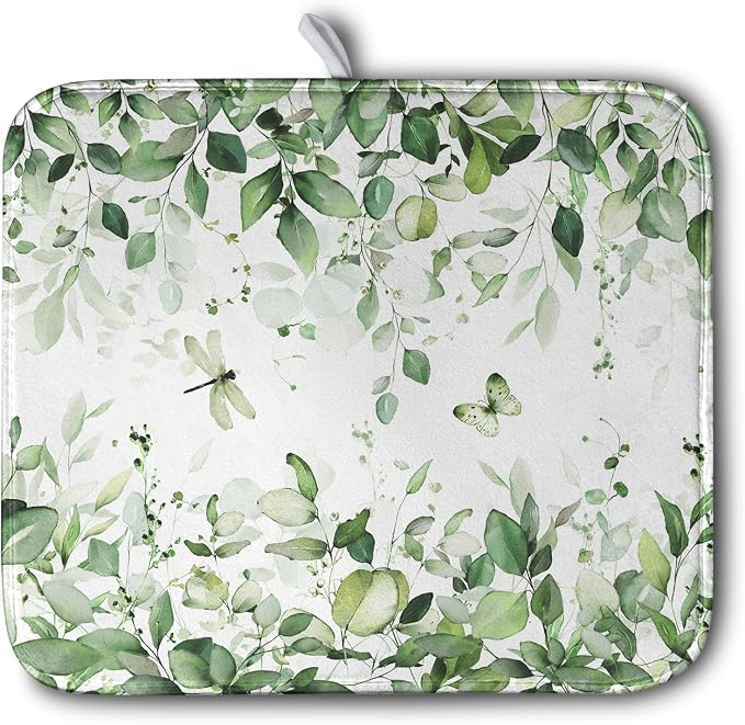 Sage Green Dish Drying Mat for Kitchen Counter Eucalyptus Leaves Plant Dishes by Wnoesat