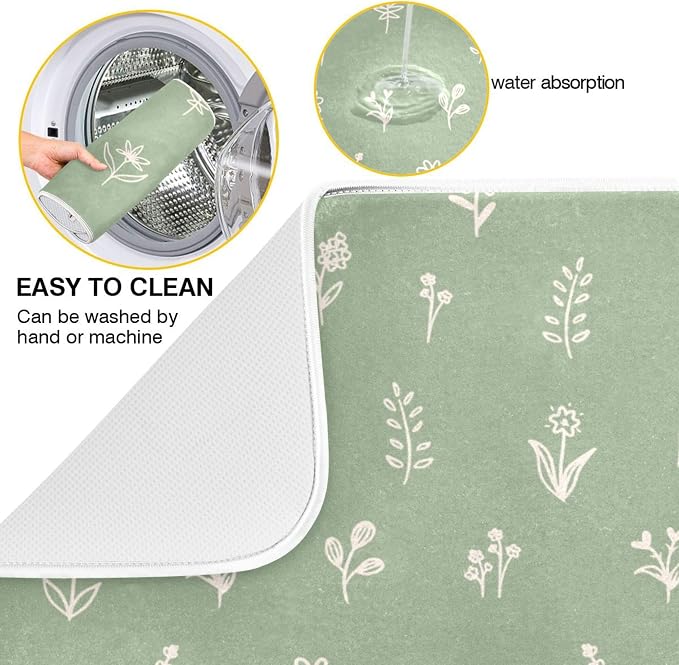 Sage Green Dish Drying Mat Quick Absorbent 18x24 Doodled Botany Flowers Leaves - Image 2