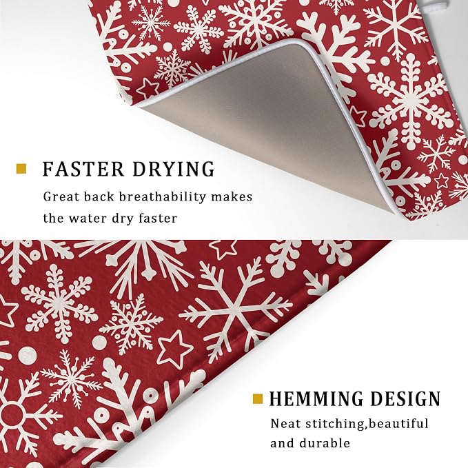 Christmas Dish Drying Mat for Kitchen Counter 18x24 Dark Red Snowflake Winter - Image 3