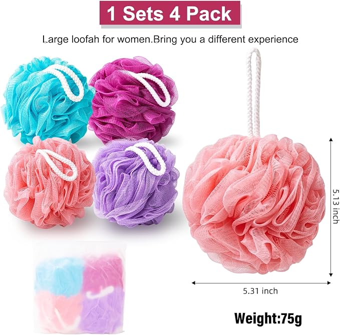 Loofah for Women 75g 4 Pack, Bath Sponge Soft Mesh Shower Puff Loofah Sponge - Image 3