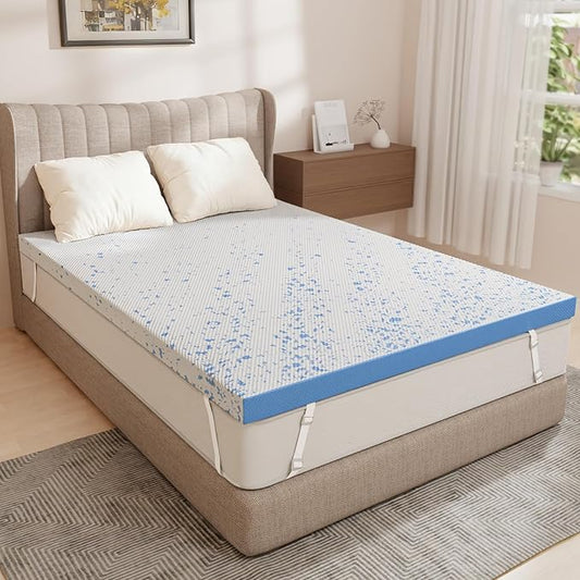 OhGeni 3 Inch Cooling Full Size Gel Memory Foam Mattress Topper Pad, Washable Bed Cover with Anti-Slip Base & Zipper,Fits 6"-19" Mattresses with Straps,Extra Comfort for Sleep & Back Pain Relief