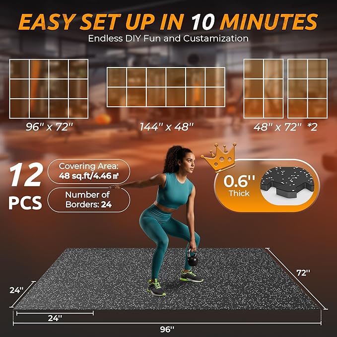 PRAISUN 0.6" Thicker Gym Mat, 12 Tiles 48 Sq Ft Workout Mats, Interlocking Foam - Image 5