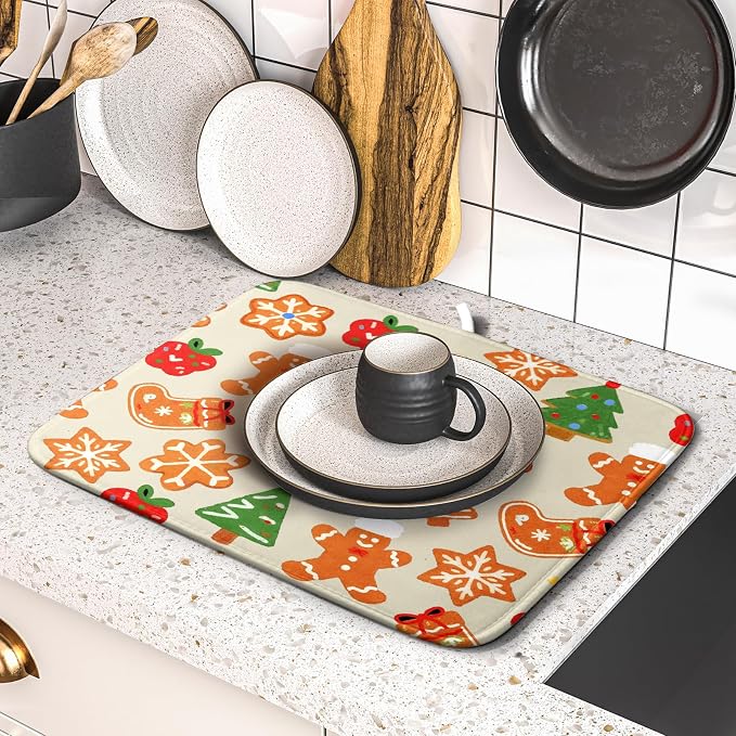 Christmas Dish Drying Mat for Kitchen Counter 16x18 Cute Gingerbread Themed - Image 5