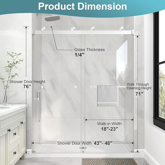 KPUY Frameless Shower Door, 43-48" W x 76" H Double Sliding Glass Shower Door - Image 4