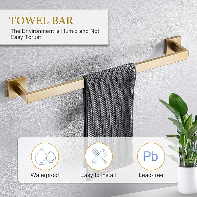 TNOMS 6-Piece Bathroom Hardware Set 23.6 Inch Gold Towel Bar Set Double Towel - Image 2