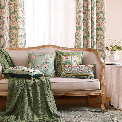 patdrea Designer Pack of 2 Square Throw Pillow Covers,French Vintage Rustic Linen with Green Floral Pattern Pillows Cover,Decorative Pillowcases Cushion for Bed Living Room Outdoor Car,18"x18"