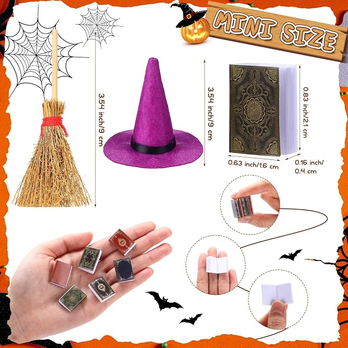 36 Pieces Mini Halloween Decorations 12 Mini Felt Witch Hats 12 Small Brooms 12 - Image 3