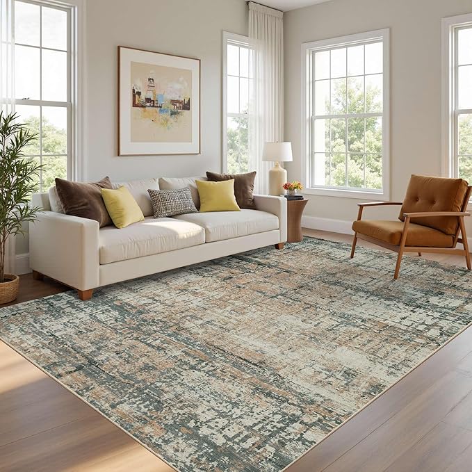 5x7 Area Rugs for Bedroom Living Room, Non-Slip Washable Modern Green Abstract by Rugxara