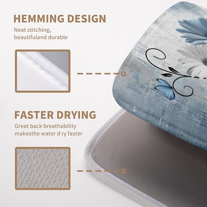 Dish Drying Mat for Kitchen Counter 18x24 Inch Blue Grey Daisy Drying Pads - Image 4