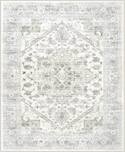 LIVEBOX Washable Area Rug 8x10 - Large Beige Vintage Tribal Living Room Rug Oriental for Bedroom, Non-Slip Retro Medallion Carpet Print Distressed for Dining Room Guest Office