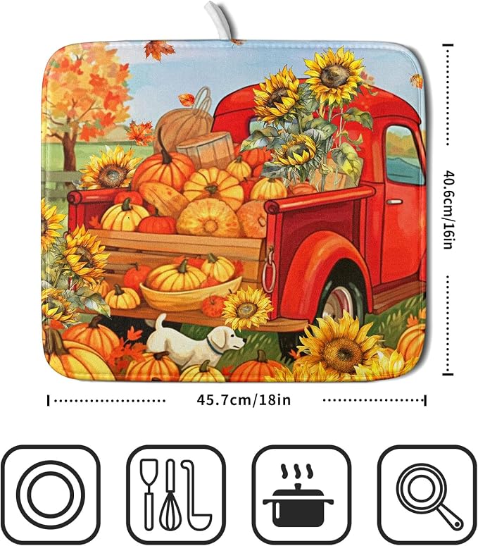 Autumn Pumpkin Red Truck Dish Drying Mat - Image 2