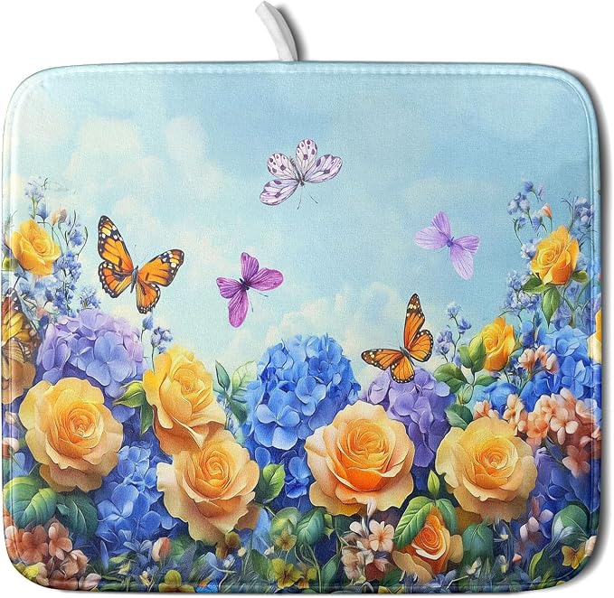 Spring Blue Yellow Hydrangeas Flowers Dish Drying Mat by Sweetshow