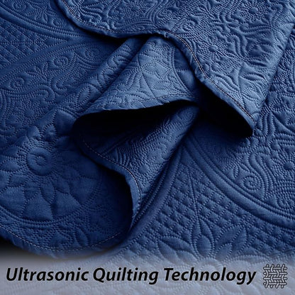IR Imperial Rooms Twin Quilt Bedding Set Size (68” x 86”) + 1 Pillow Shams (20” x 26” + 2”) - 2 Pcs All Season Lightweight Reversible Microfiber Coverlet Floral Embossed Quilt Bedspread (Blue)