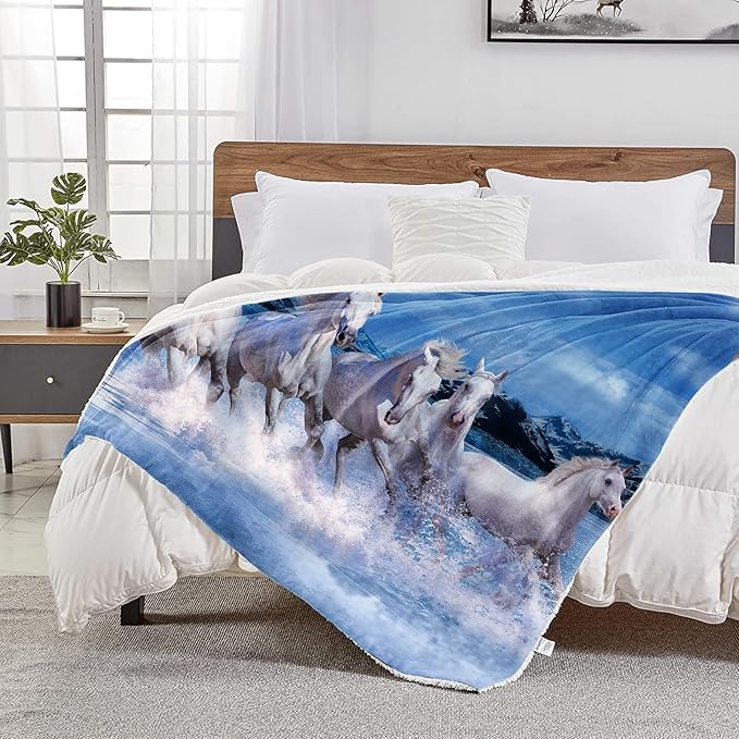 Prancing White Horses Throw Blanket for Couch, Super Soft Fuzzy Throws Warm Comfortable Plush Fleece Blanket, Fashion Decorative Flannel Fleece Blanket for All Season(50 x 60 in, White Horses)