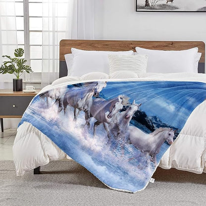 Prancing White Horses Throw Blanket for Couch, Super Soft Fuzzy Throws Warm Comfortable Plush Fleece Blanket, Fashion Decorative Flannel Fleece Blanket for All Season(50 x 60 in, White Horses)