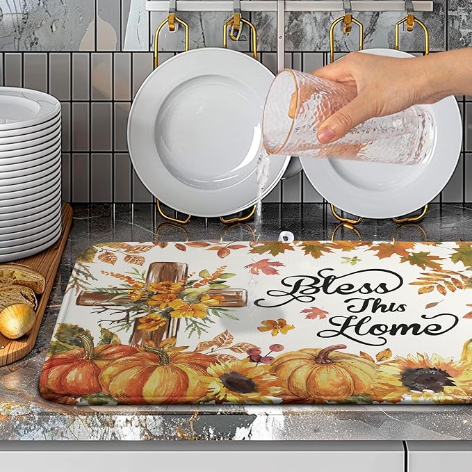 Fall Drying Mat for Kitchen Counter Autumn Thanksgiving Pumpkin Cross Dish Mat - Image 5