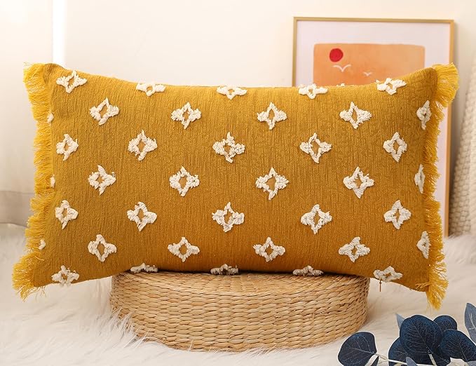 Boho Long Lumbar Pillow Cover 12x26 with Tassel,3D Flower Patterned Cotton Decorative Long Lumbar Pillow Cover Pillow Case for Sofa Couch Bed Livingroom Farmhouse,Yellow