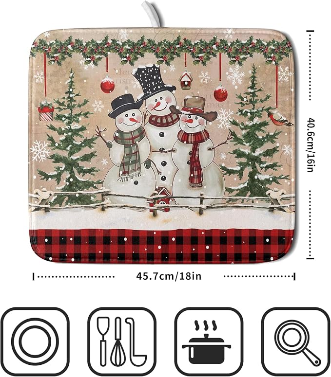 Winter Snowman Dish Drying Mat 16x18 Inch Red Buffalo Plaid Holiday Dish - Image 2