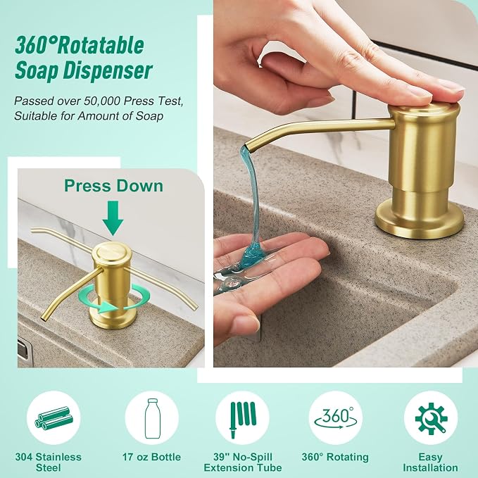 CREA Brushed Gold Kitchen Soap Dispenser Countertop Soap Dispenser - Image 2