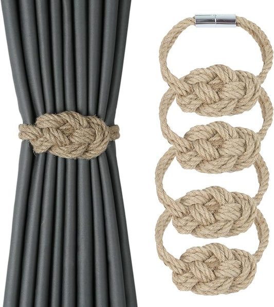 4 Pack Natural Jute Magnetic Curtain Tiebacks, Boho Rustic Style Decorative by HedongHexi