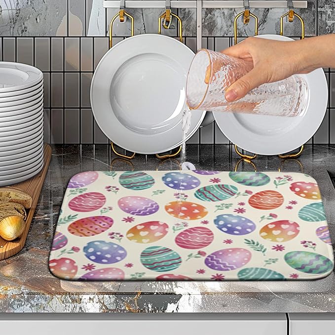 Easter Dish Drying Mat for Kitchen Counter Easter Spring Colorful Eggs Floral - Image 5