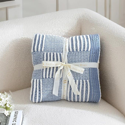 Amélie Home Checkered Knit Throw Blanket for Couch, Chenille Texture Decorative Soft Blanket for Sofa & Chair, 50"x60", Blue & White