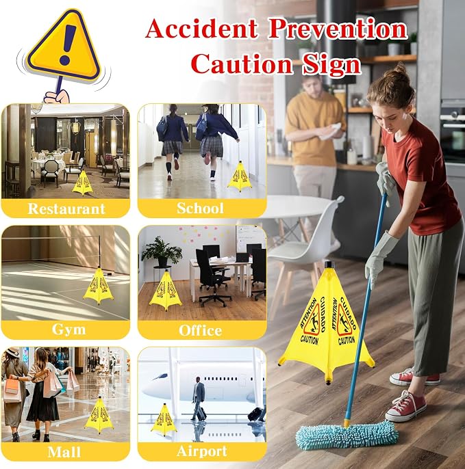 4-Packs Wet Floor Signs 20 Inch, Pop UP Bilingual Yellow Caution Wet Floor Sign - Image 3