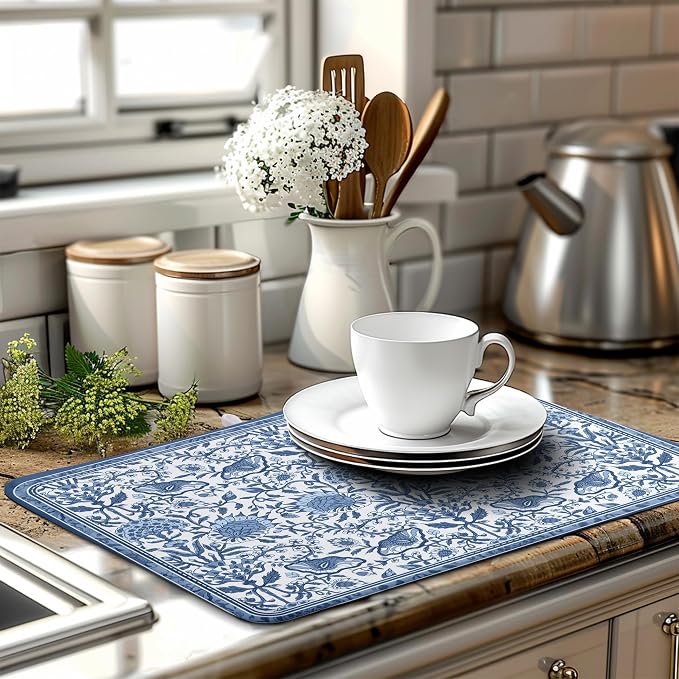 Blue Floral Dish Drying Mat for Kitchen Counter Boho Flowers Dishes Drainer - Image 3