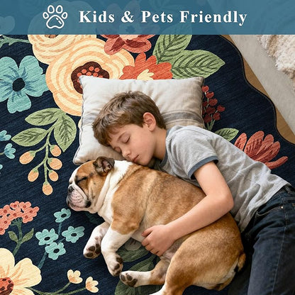 DUKINO 2.6x8 Runner Rug for Hallway, Washable Kitchen Rug with Non Slip Backing & Non-Shediing, Soft Low Pile Floral Design Runner for Bedroom, Kithchen, Living Room, Laundry, Bathroom, Navy Blue