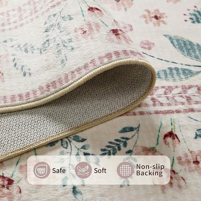 Pink Rug for Living Room Bedroom, 5x7 Washable Floral Rug, Vintage Boho Area Rug - Image 5