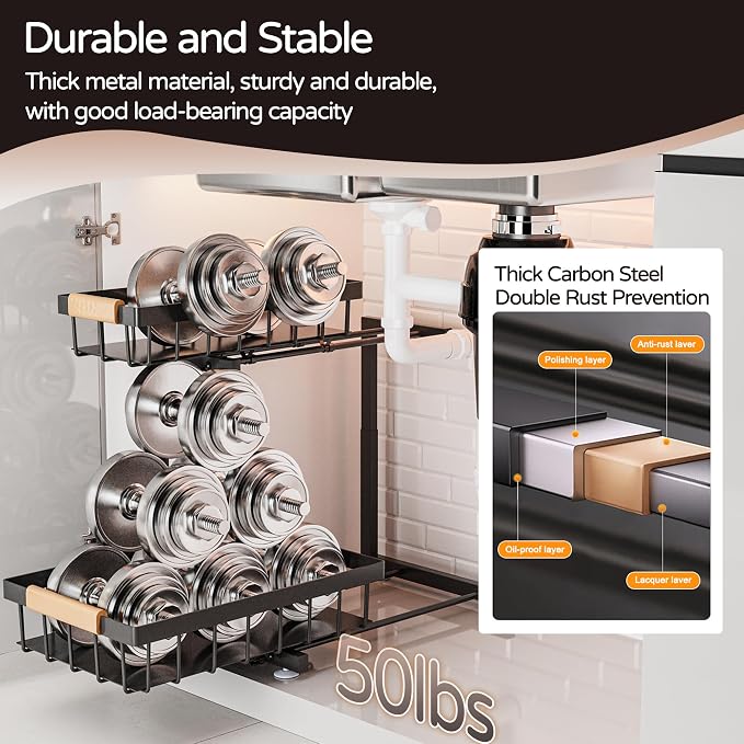 ADBIU Under Sink Organizer, 2 Pack 2 Tier Expandable Height Pulling Out Kitchen - Image 7