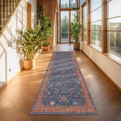 Navy Blue Washable 10 ft Long Runner for Kitchen Floor - 2'6"X10' Runner Rug for Hallway, Entryway, Pet Friendly Waterproof Non Slip with Rubber Backing, Stain Resistant Area Rug