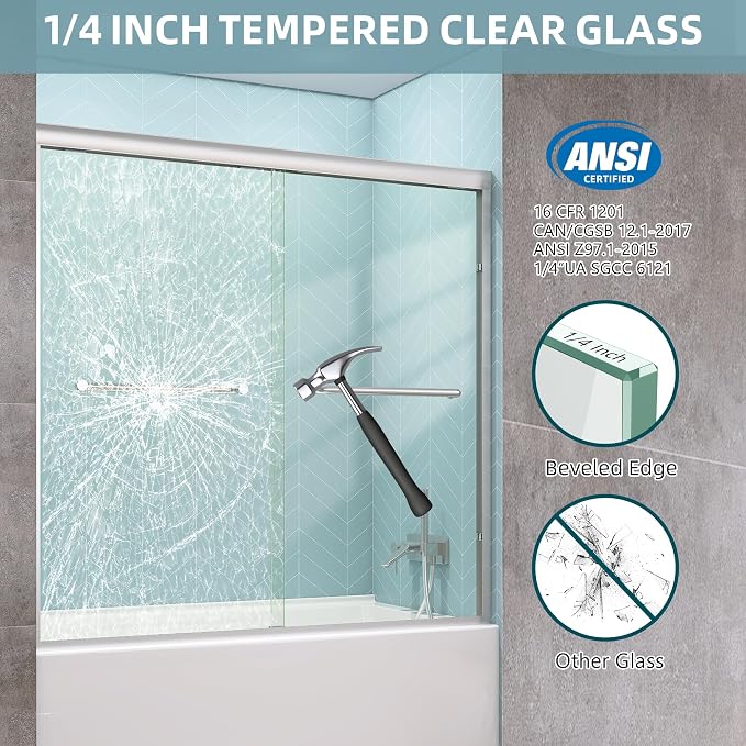 GETPRO Bathtub Sliding Door 50-54 in. W x 58 in. H Semi-Frameless Bypass Double - Image 3