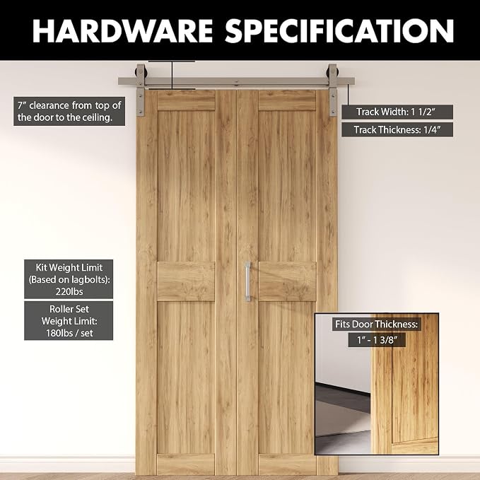 Homacer 60in Brushed Nickel Bi-Folding Sliding Barn Door Hardware Kit - Image 3