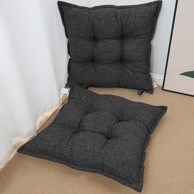 SINSOSSO Large Floor Pillows 22", Thickened Bite-Size Memory Foam Square Non-Slip Cushions for Office Back Support/Yoga/Chair Seat, Fashionable Color-Blocked Fabric & Washable, Black-Gray, 2 PCS