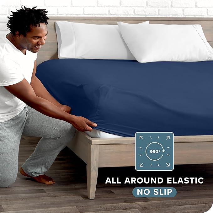 Bare Home Fitted Bottom Sheet Twin - Premium 1800 Microfiber - Ultra-Soft Wrinkle Free - Deep Pocket - Fitted Sheet (Twin, Dark Blue)