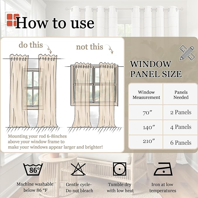 Plaid Curtains Pattern Printed 90 Inches Long - Total Linen Blackout Curtains for Living Room, Boho Cottage Core Grommet Drapes for Farmhouse Thermal Drapery 52x90 Inch 2 Panels, Natural