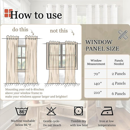 Plaid Curtains Pattern Printed 90 Inches Long - Total Linen Blackout Curtains for Living Room, Boho Cottage Core Grommet Drapes for Farmhouse Thermal Drapery 52x90 Inch 2 Panels, Natural
