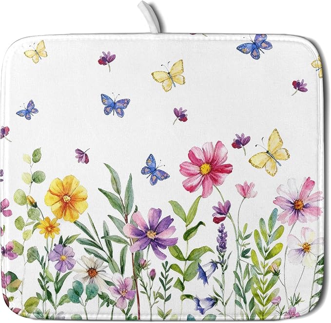 Wildflower Dish Drying Mat for Kitchen 18x16 Inch Colorful Floral Butterfly by Unknown