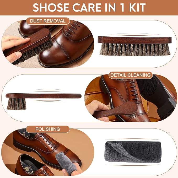 3pcs 100% Horse Hair Shoe Brush Kit Shoe Shine Kit Beech Wood Leather Care Set - Image 6