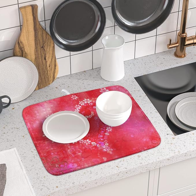 Valentines Day Dish Drying Mat for Kitchen Counter Red Heart Flower Decor - Image 6
