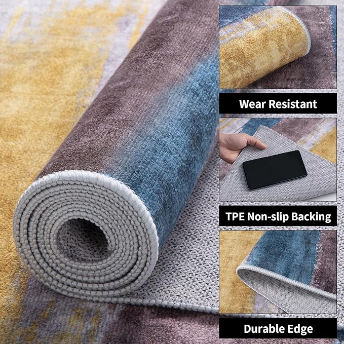 Ciicool 4ft Round Washable Rug, Modern Abstract Circle Rugs, Non-Slip Thin Lightweight Rug Yellow Grey Circular Print Distressed Carpet for Bedroom Living Room Under Dining Table Home Office Decor