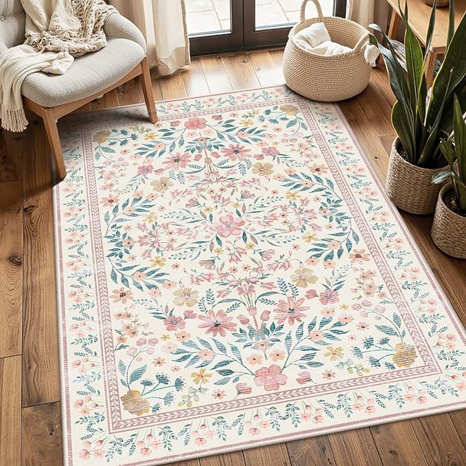 3x5 Rug for Entryway Bedroom, Floral Vintage Retro Boho Throw Rug, Non Slip & by Rugxara