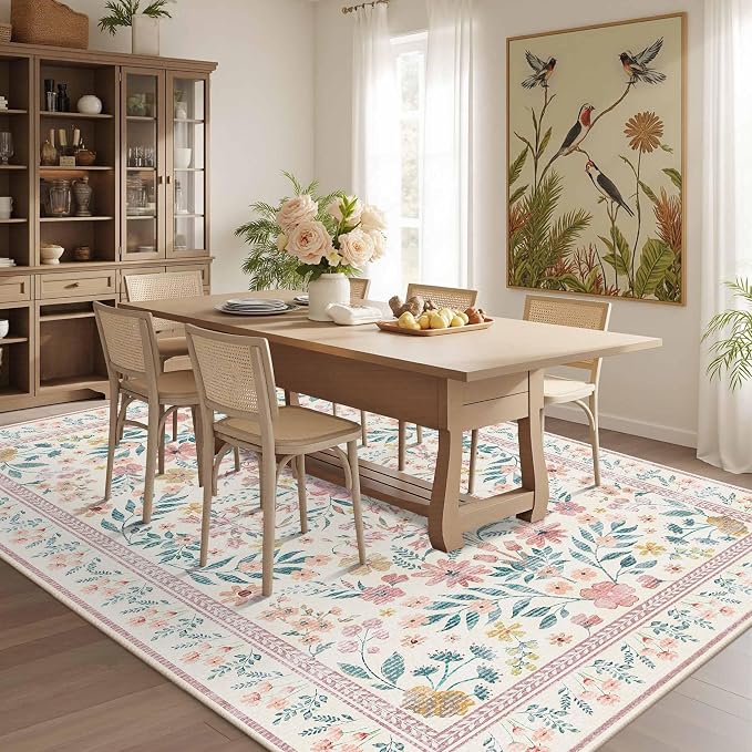 Pink Rug for Living Room Bedroom, 5x7 Washable Floral Rug, Vintage Boho Area Rug - Image 4