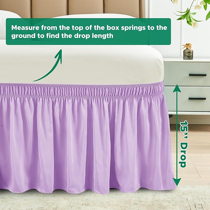 Biscaynebay Wrap Around Bed Skirts with Adjustable Belts for Queen Beds 15" Drop, Violet Elastic Dust Ruffles Silky Luxrious Fabric Machine Washable