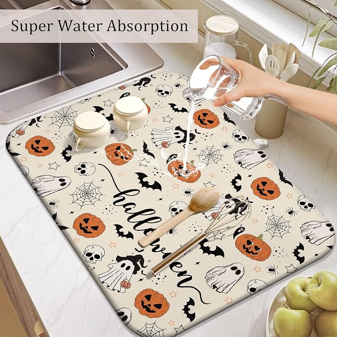 Halloween Dish Drying Mat for Kitchen Counter, Horror Halloween Pumpkin Skull - Image 5