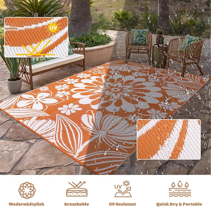 Ileading Outdoor Plastic Straw Rug 5x8ft Funny Floral Style Reversible Patio Area Rugs Waterproof Non Shedding Portable Carpets for Rv Outside Deck Pool Beach Picnic Camping (Orange)