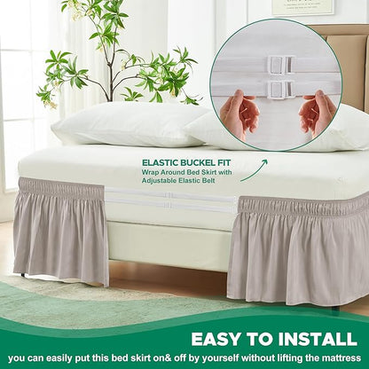 Biscaynebay Wrap Around Bed Skirts for King & Cal King Beds 19" Long Drop, Camel Grey Adjustable Elastic Dust Ruffles Easy Fit Wrinkle Resistant Silky Luxurious Fabric Machine Washable